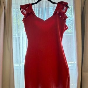 Parker Coral Red V-Neck Mini Dress with Ruffle Laser-Cut Sleeves